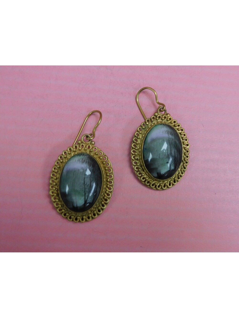 Reproduction Vintage Hand Painted Scene Porcelain Dangle Earrings set in Brass